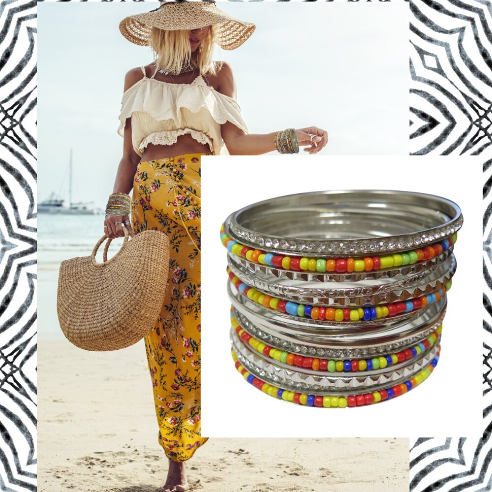 Bangle Bracelet Set -NEW-14 Pcs Multi Color Stackable Boho Chic - Picture 3 of 5